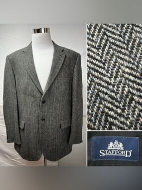 46R Stafford Herringbone Tweed Black Gray Flecked Wool Blazer Jacket Vintage
